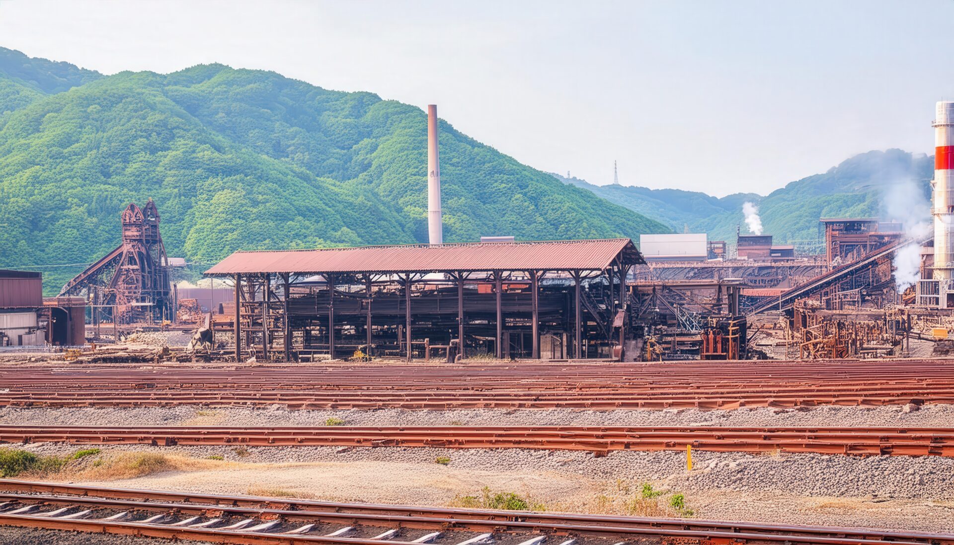 廃工場と緑の山