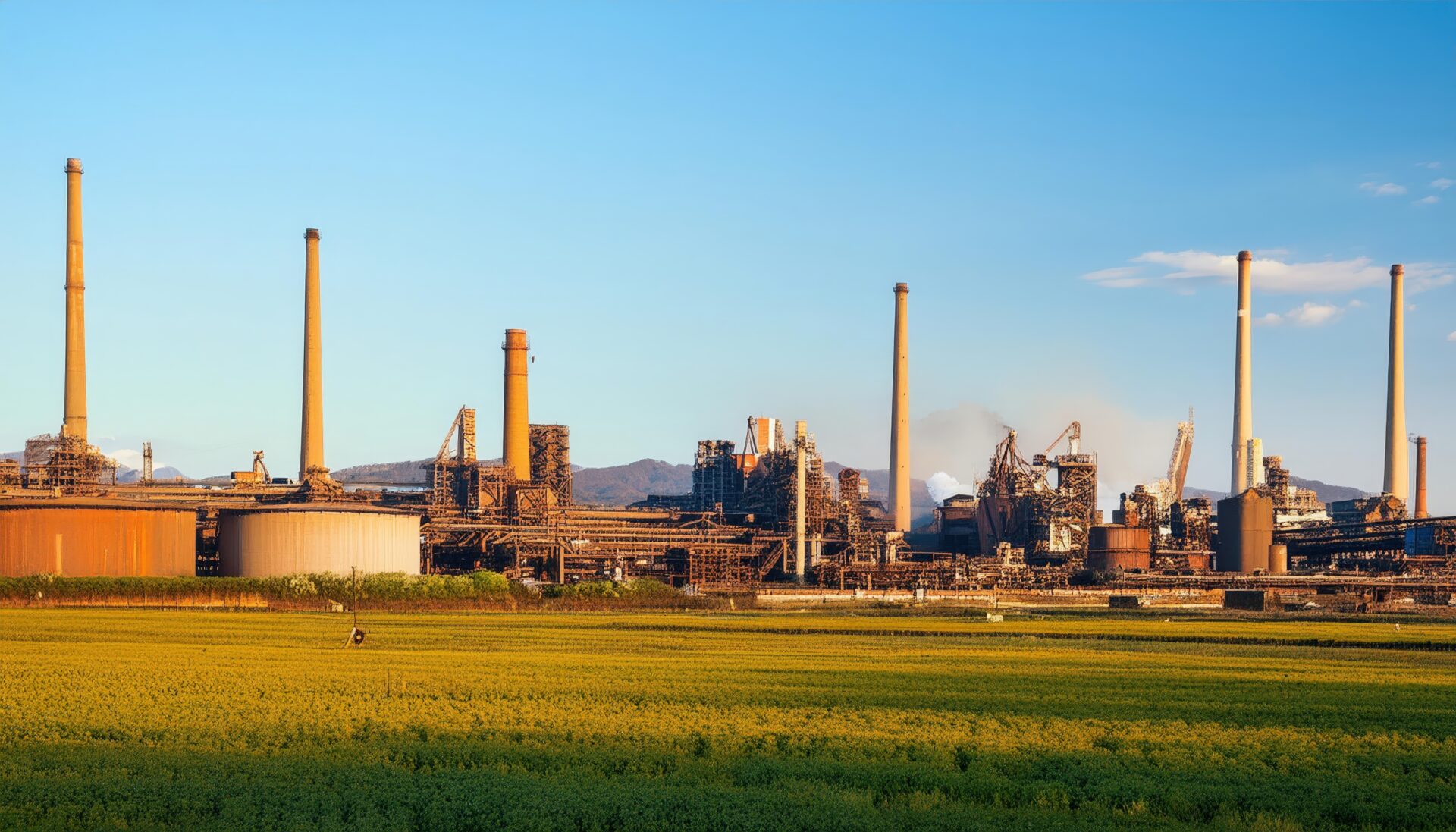 草原と工場群