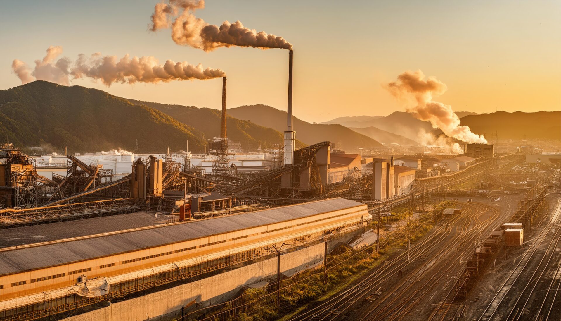 夕日と鉄道と工場