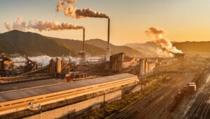 夕日と鉄道と工場