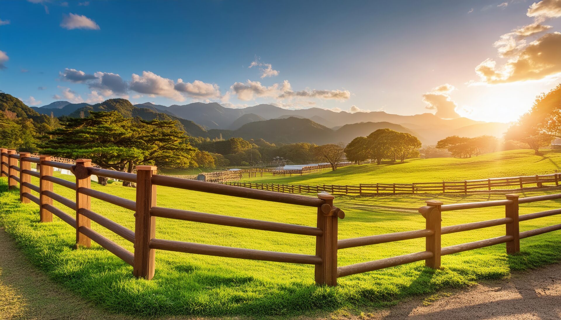 緑の牧場と朝日