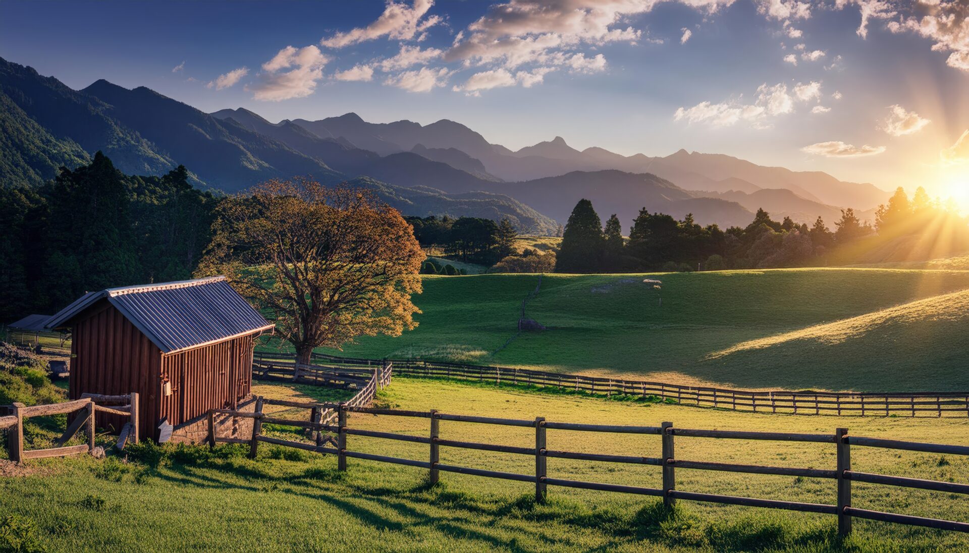 小屋と牧場の朝