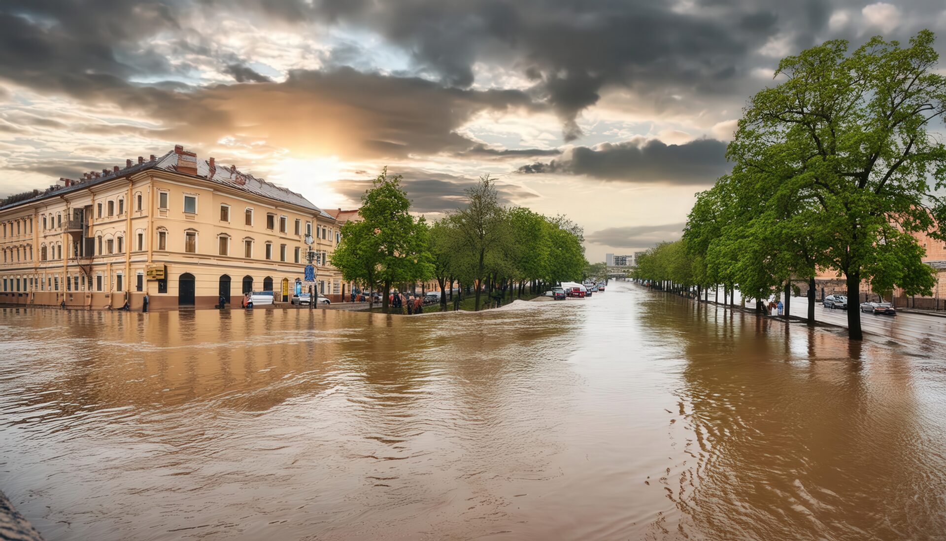 洪水で浸水した街