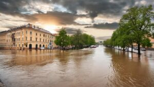 洪水で浸水した街
