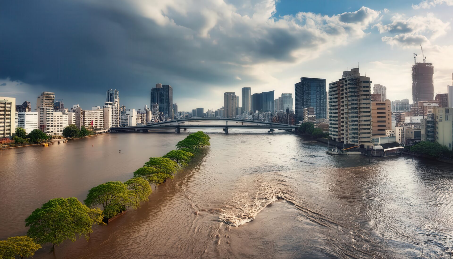 川の氾濫と都市風景