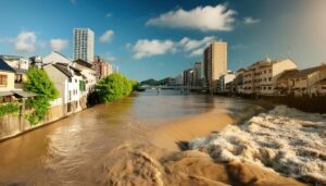 氾濫する川と住宅街