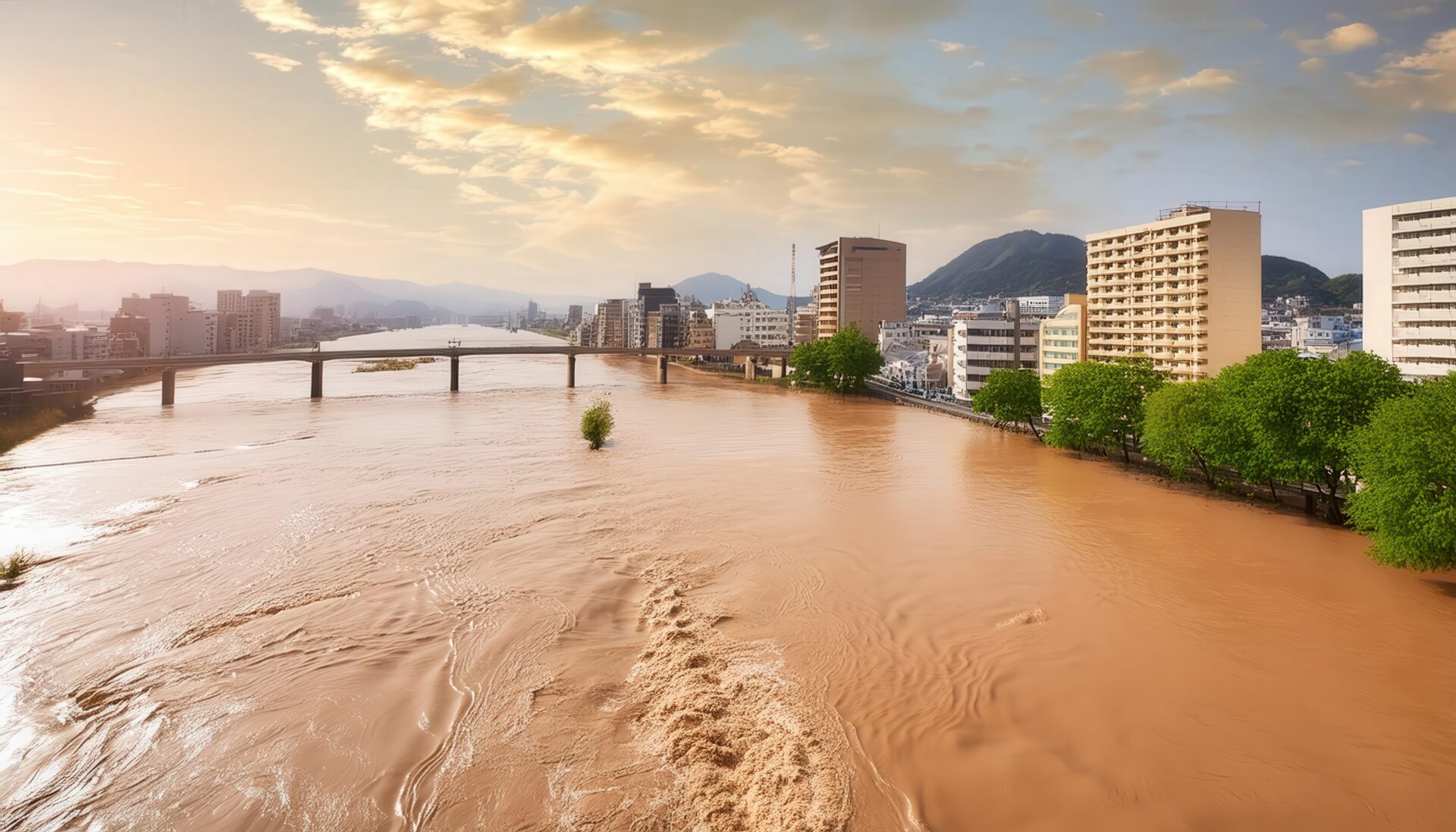 洪水で溢れる川