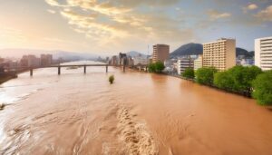 洪水で溢れる川