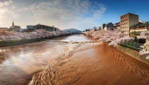 桜並木と氾濫する川