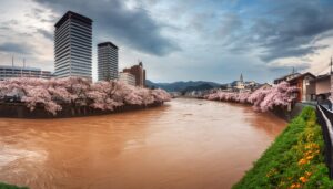 桜並木沿いの洪水