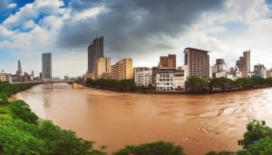 都市の洪水と曇り空