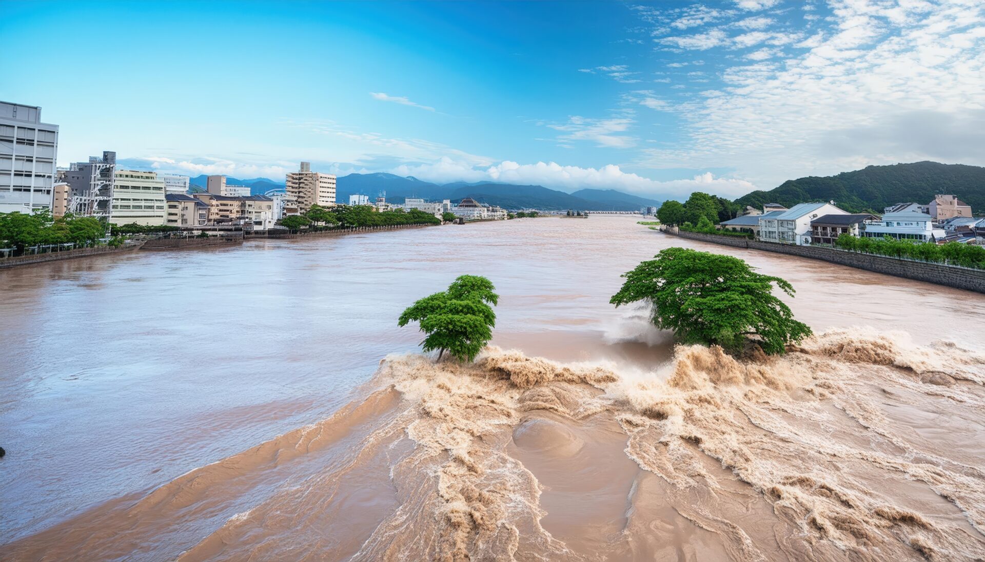 洪水で溢れる川と木々