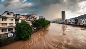 増水した川沿いの住宅街