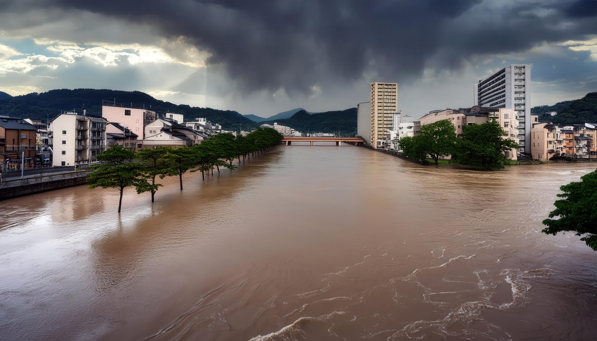 雨雲と洪水の川
