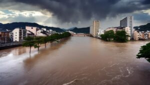 雨雲と洪水の川