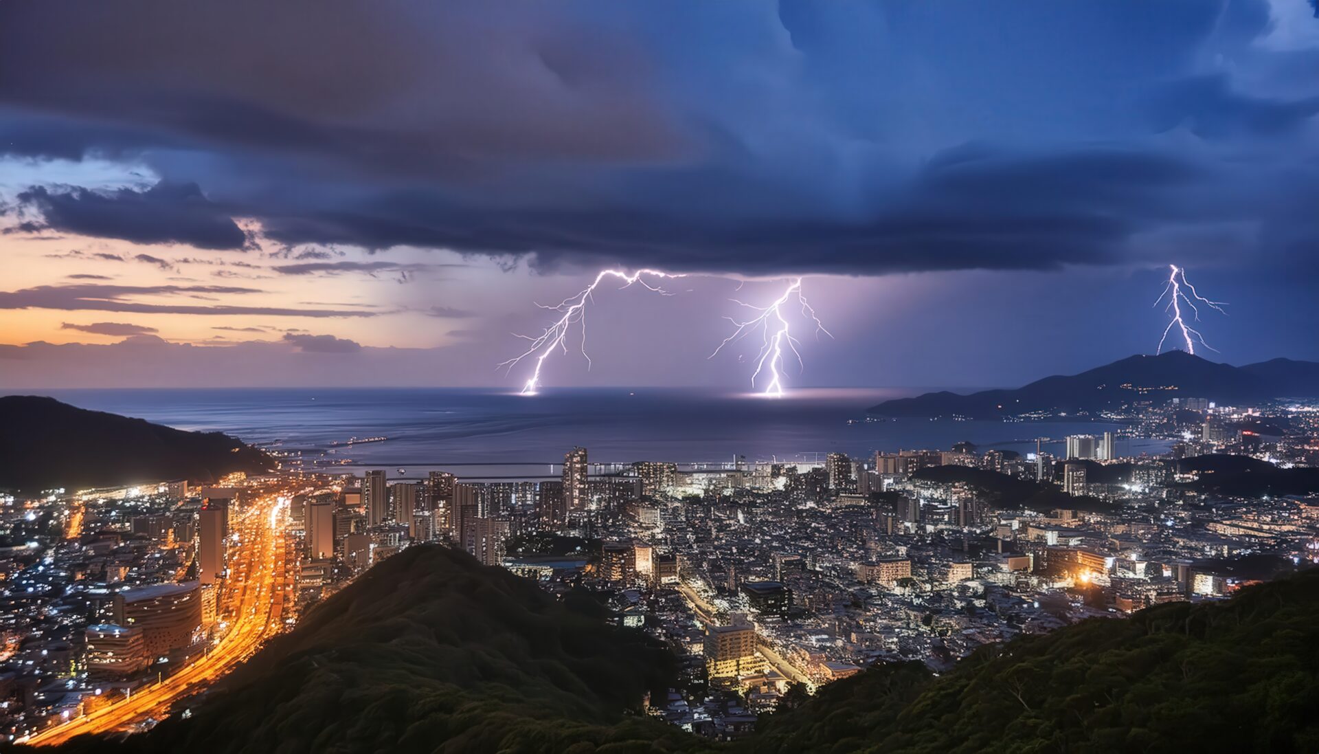 夜の都市と雷