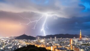 雷と都市の夜景