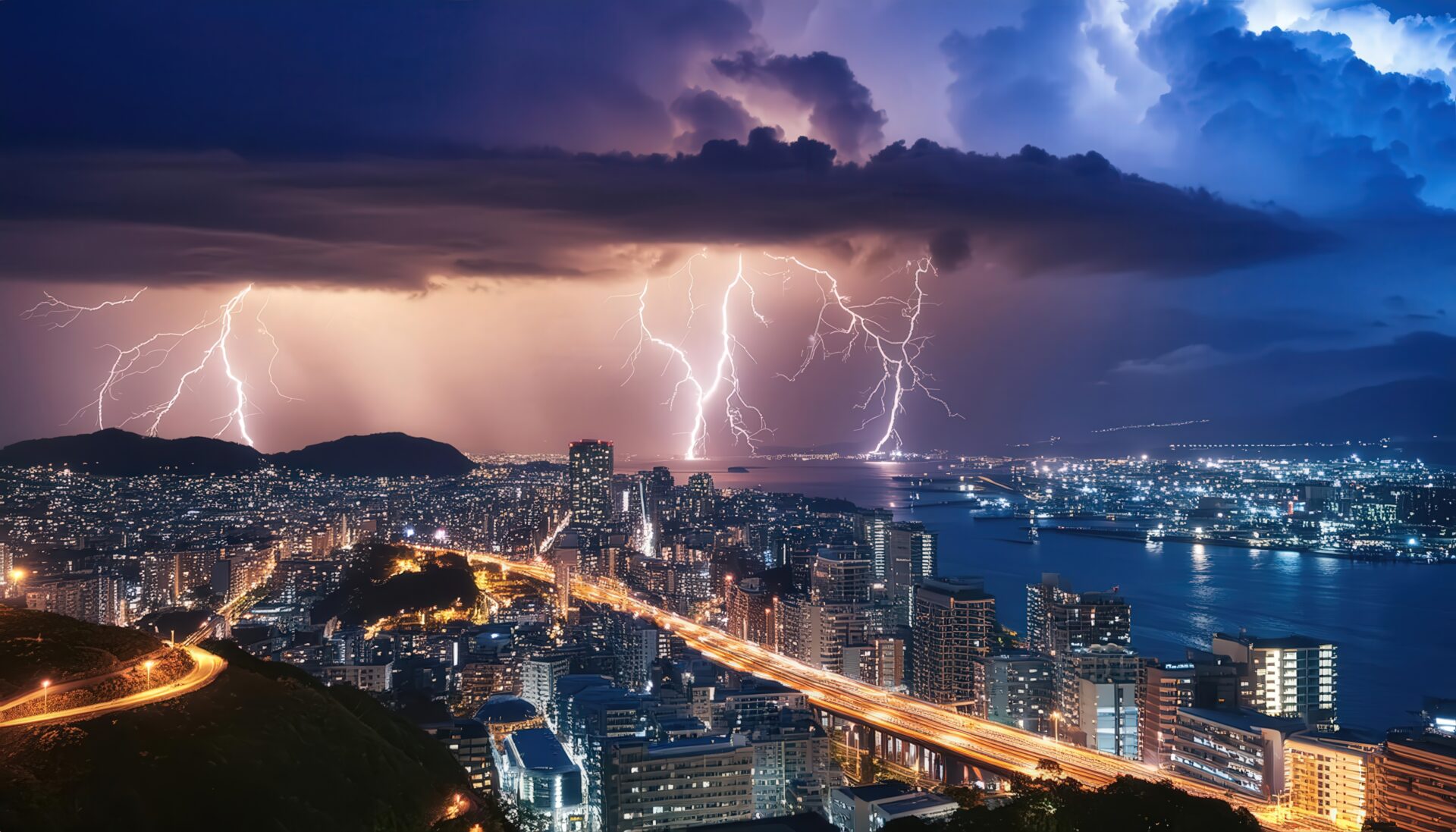 稲妻に照らされる夜の都市