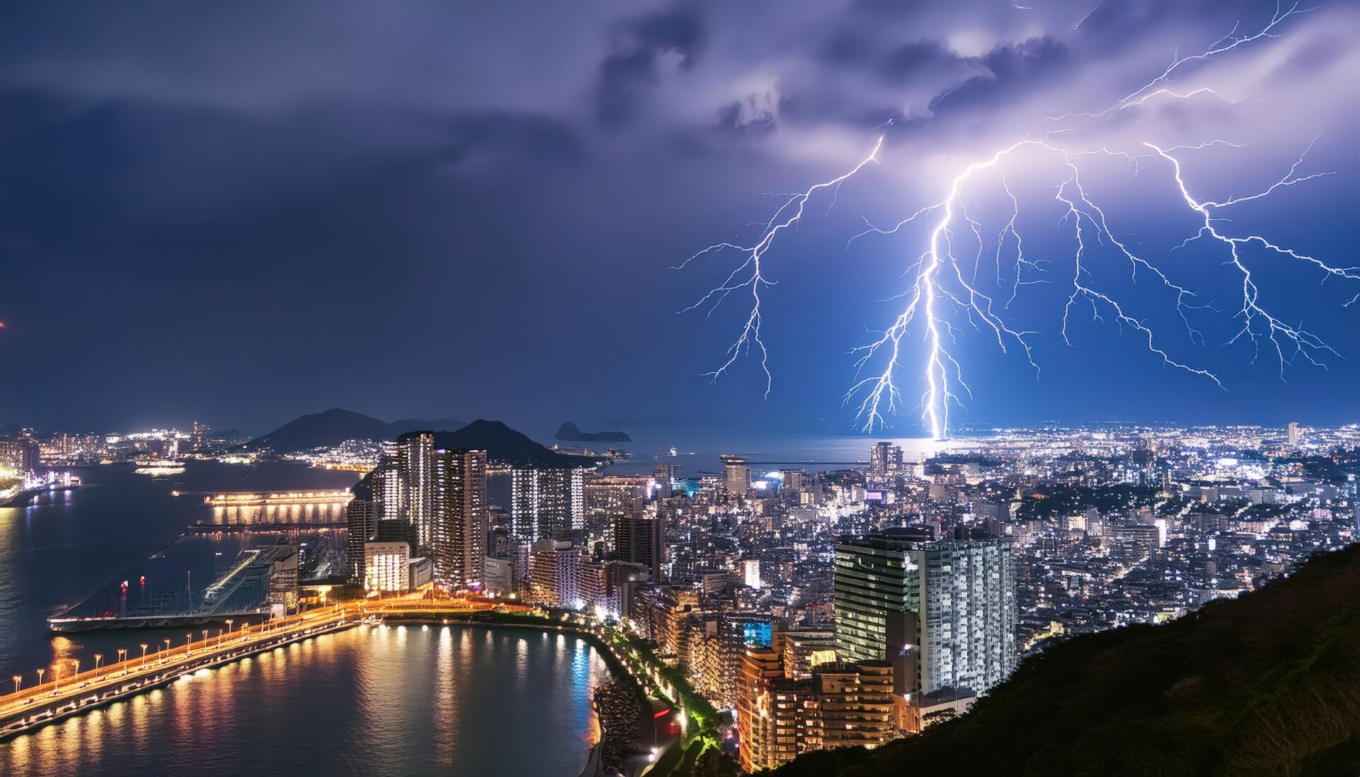 稲妻が輝く都市の夜