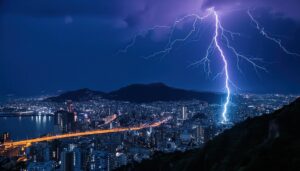 深夜の都市に落ちる雷