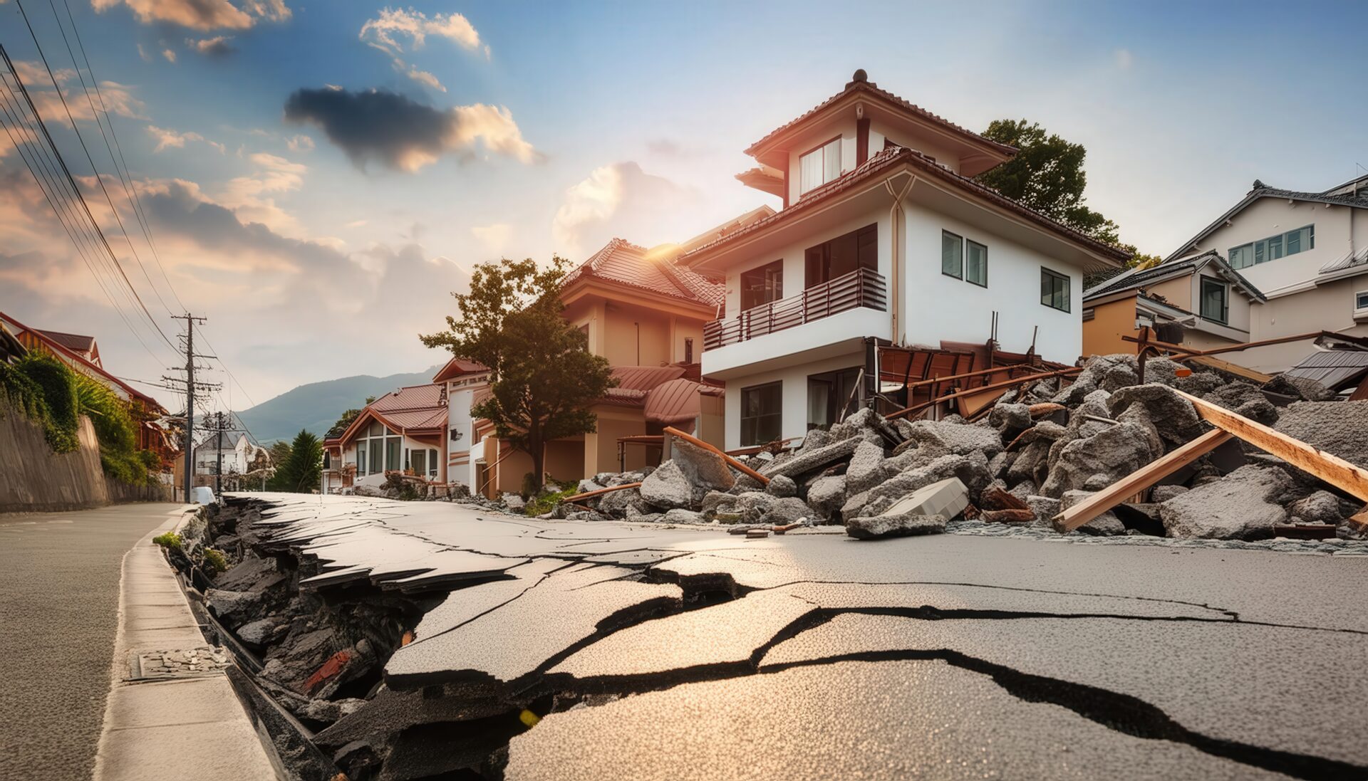 地震による被害と倒壊した家屋