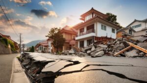 地震による被害と倒壊した家屋