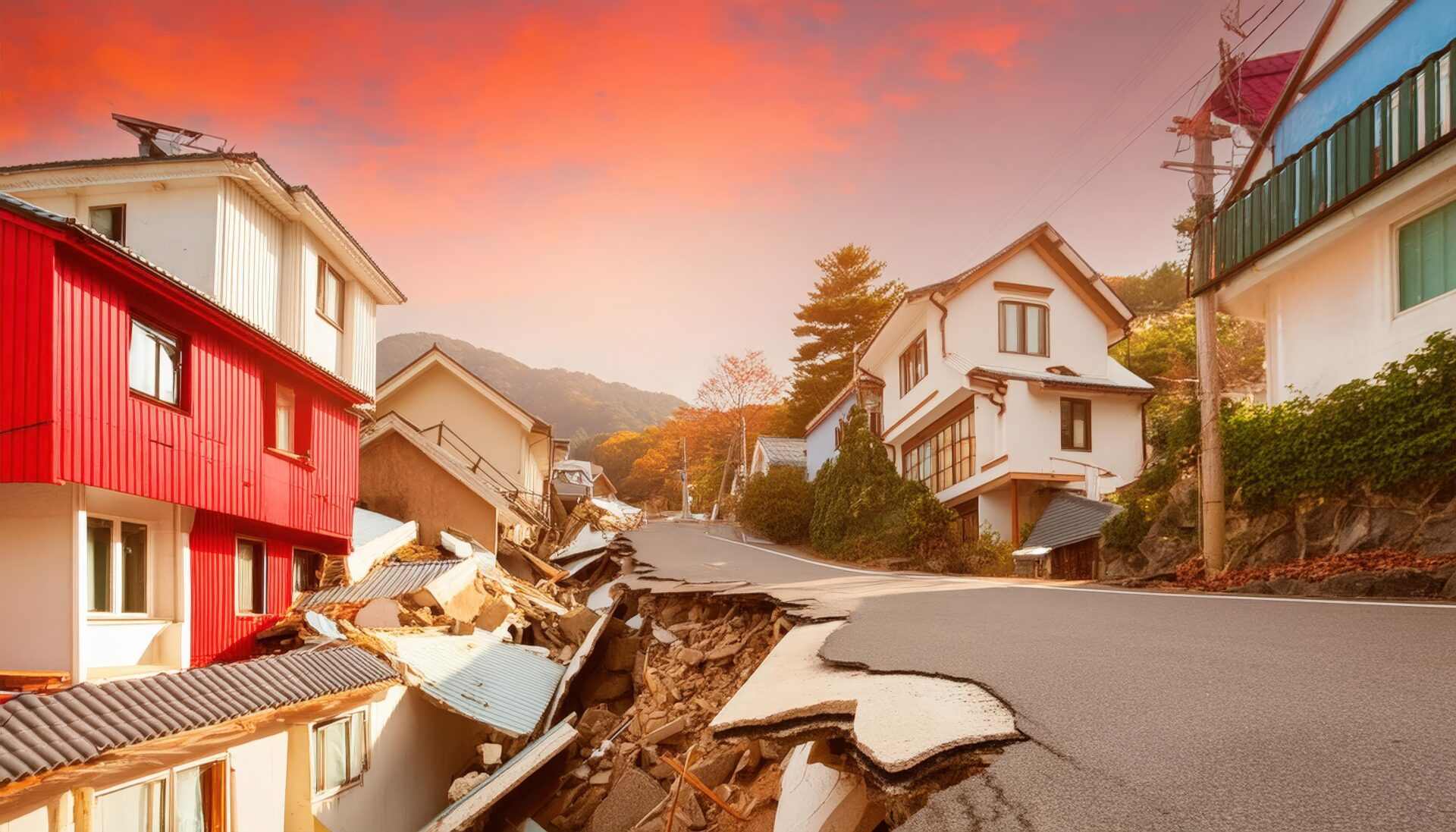 地震で傾いた道路と住宅