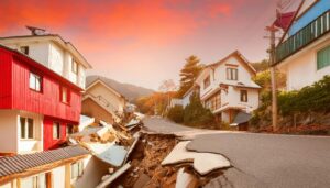 地震で傾いた道路と住宅