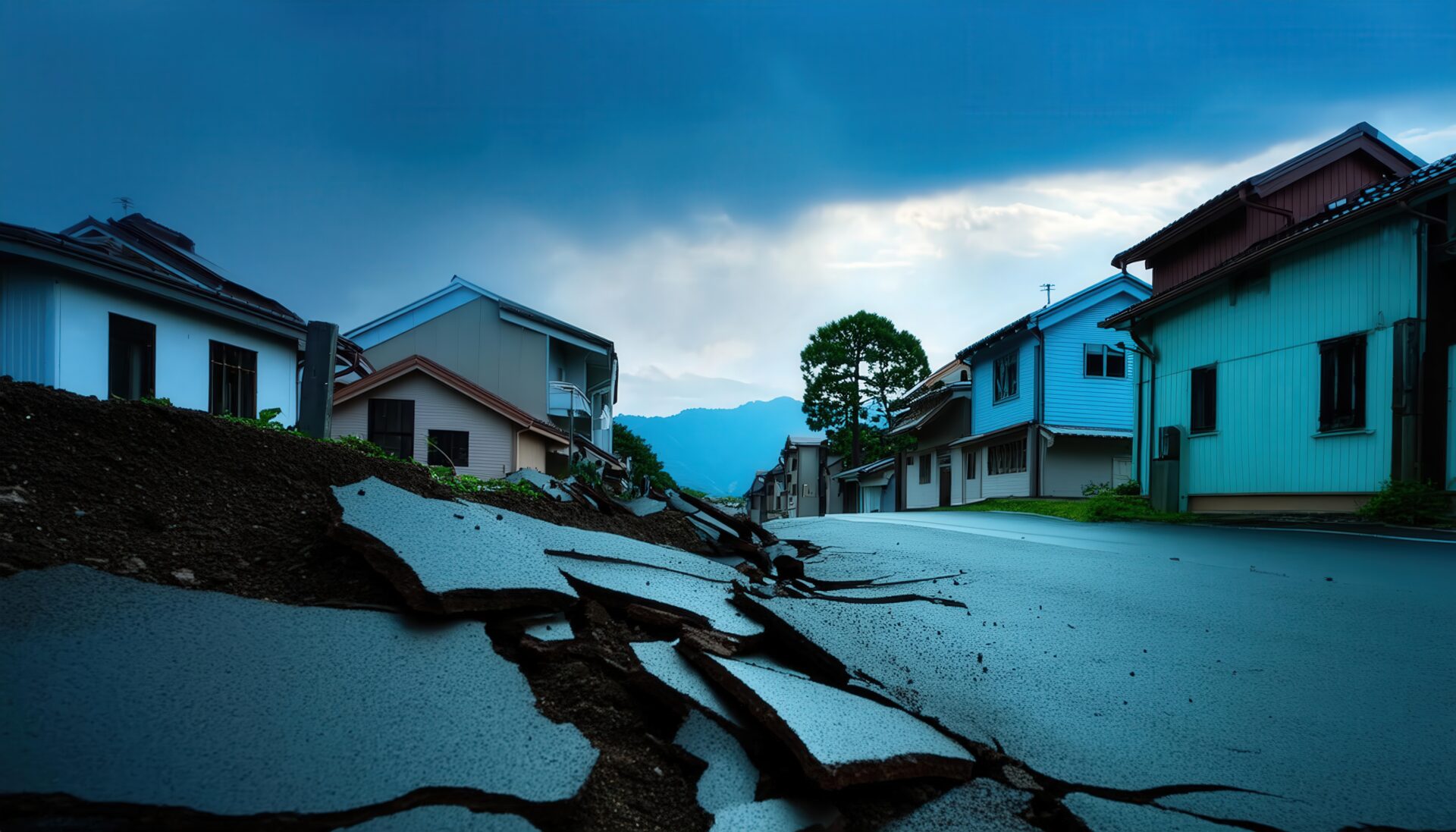 崩れた道路と迫る雷雲