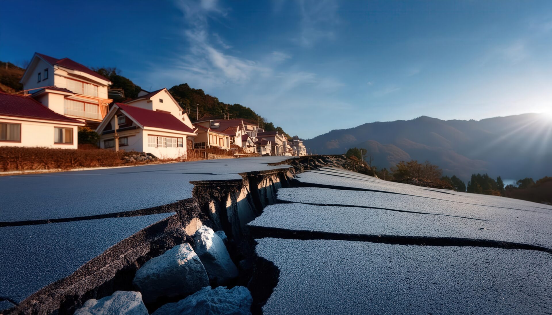地震で裂けた道路と山間の住宅