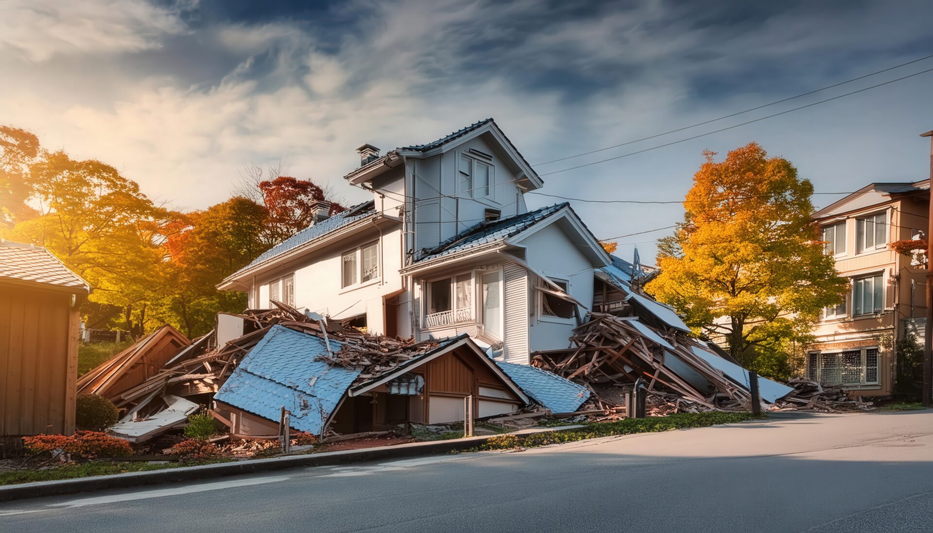 倒壊した家屋と紅葉の風景