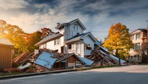 倒壊した家屋と紅葉の風景