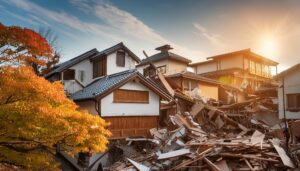 倒壊した伝統的家屋と秋の街並み