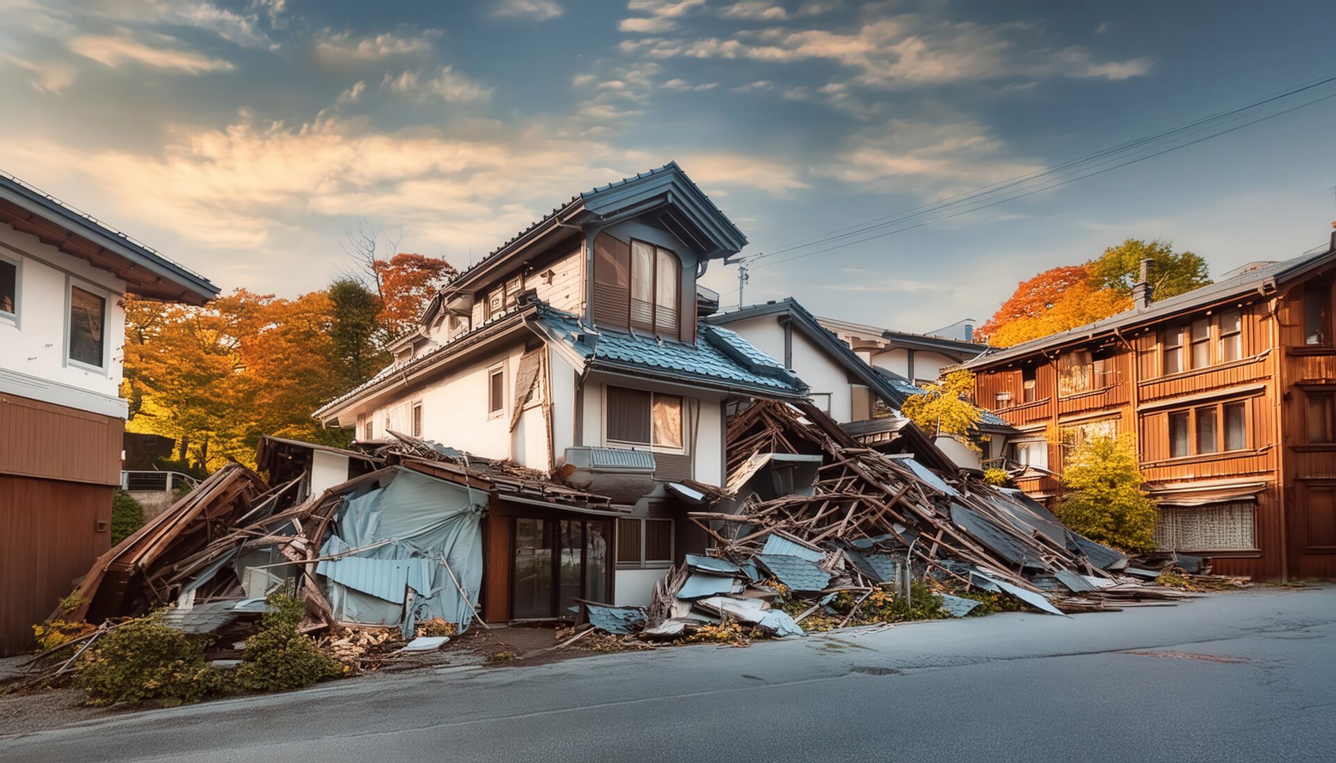 倒壊した家屋と青空