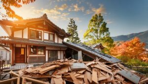 秋の山間部で被災した伝統的な木造家屋と瓦礫