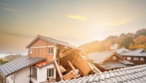 夕暮れ時の山間集落で崩壊した住宅