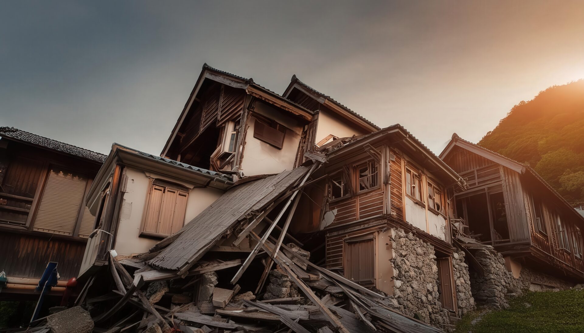 夕日に照らされた山村の損壊した木造住宅