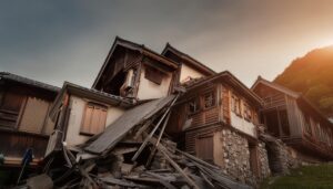 夕日に照らされた山村の損壊した木造住宅