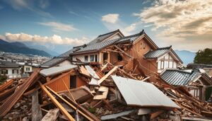 都市部の山間地における被災住宅と市街地の風景