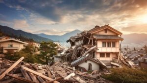 山間部の住宅地で地震により崩壊した家屋