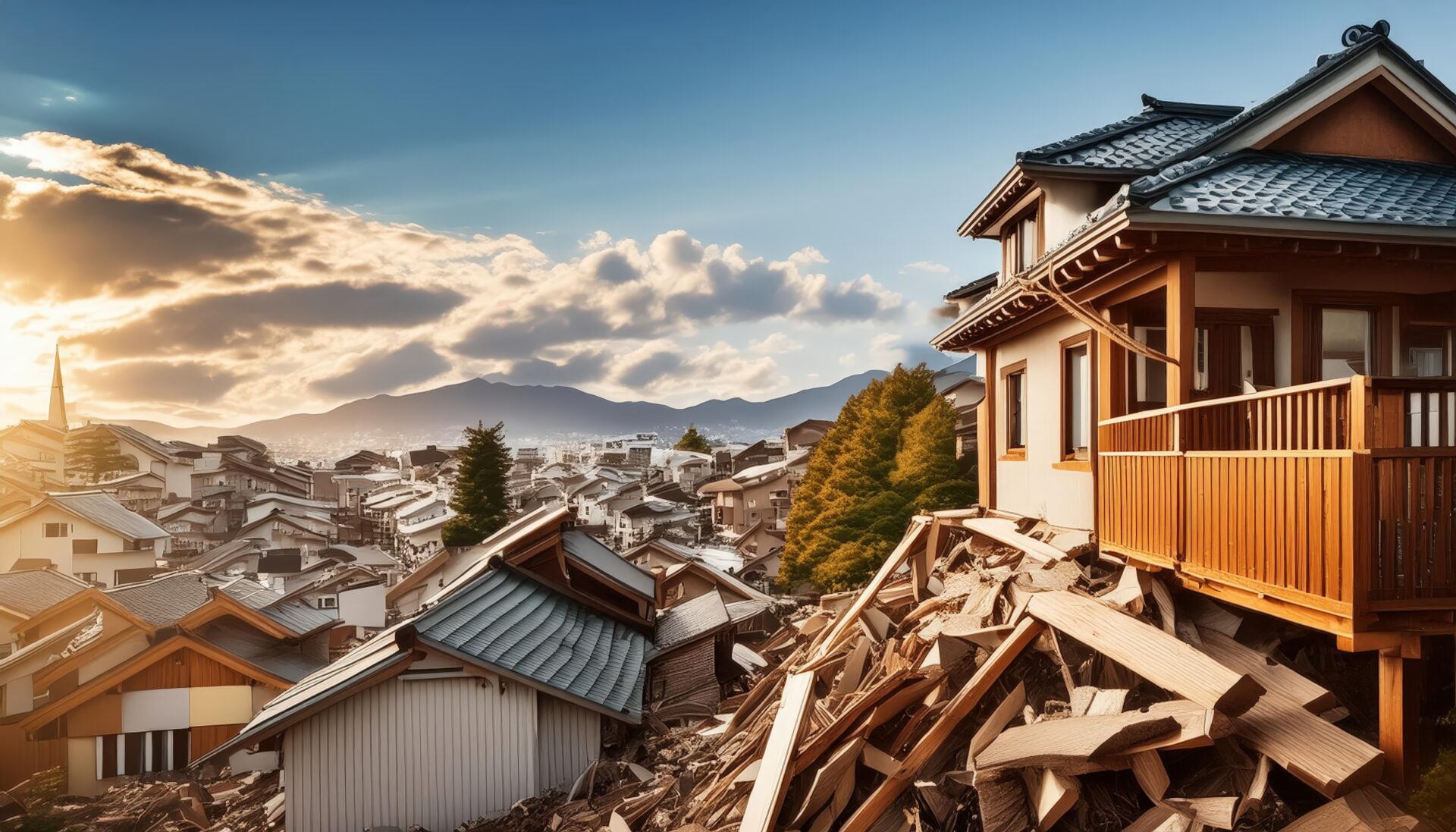夕日に照らされた山の住宅地と被災した木造住宅