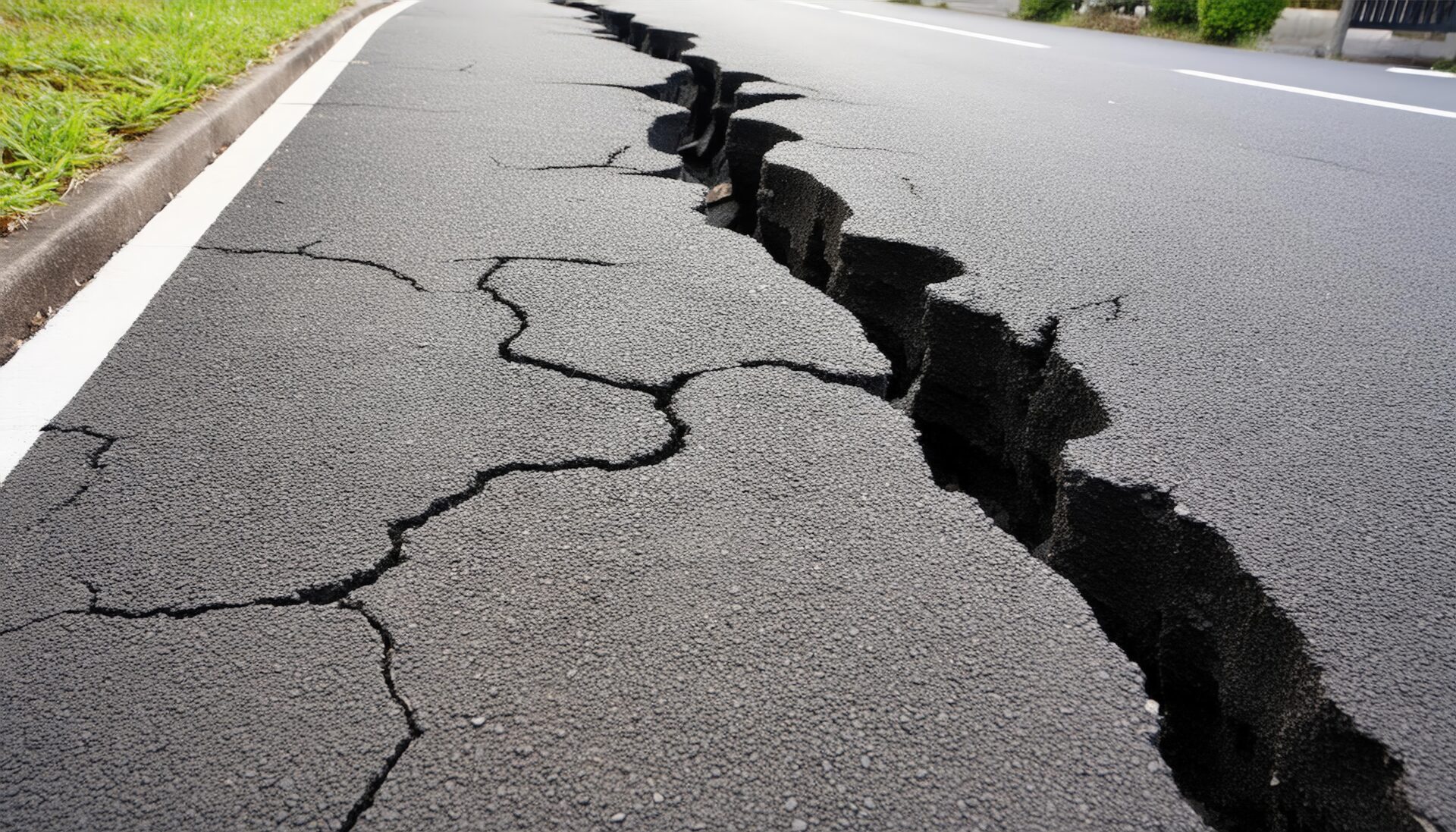 芝生脇の道路に走る地震亀裂