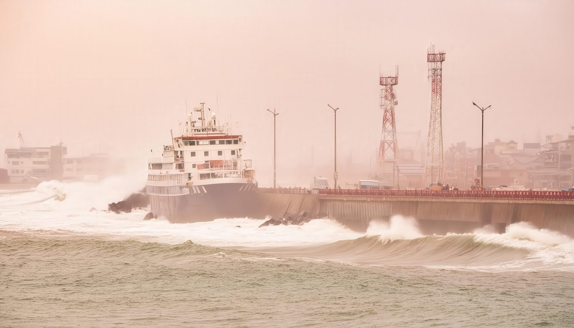 荒れた海と港に停泊する貨物船
