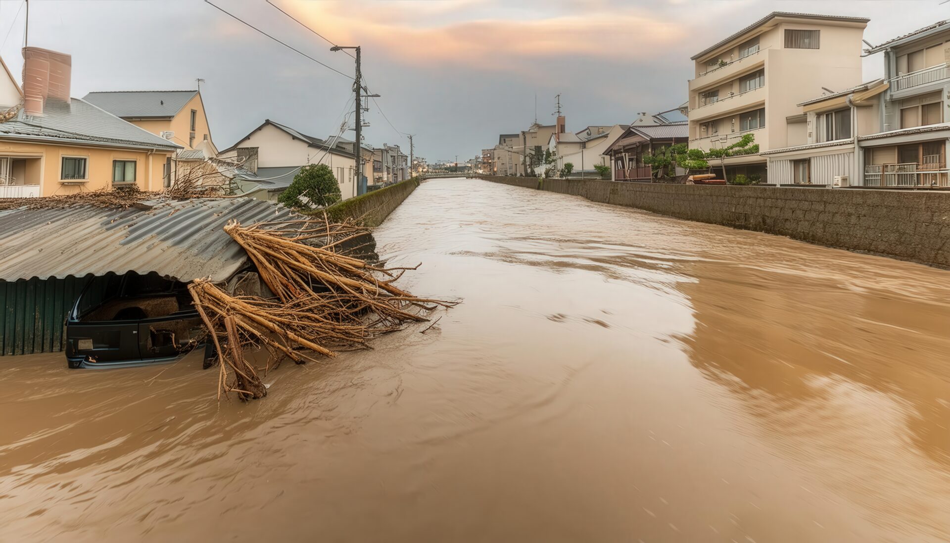 増水した河川と洪水被害を受けた住宅街