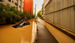 冠水した都市部の道路と水没した車