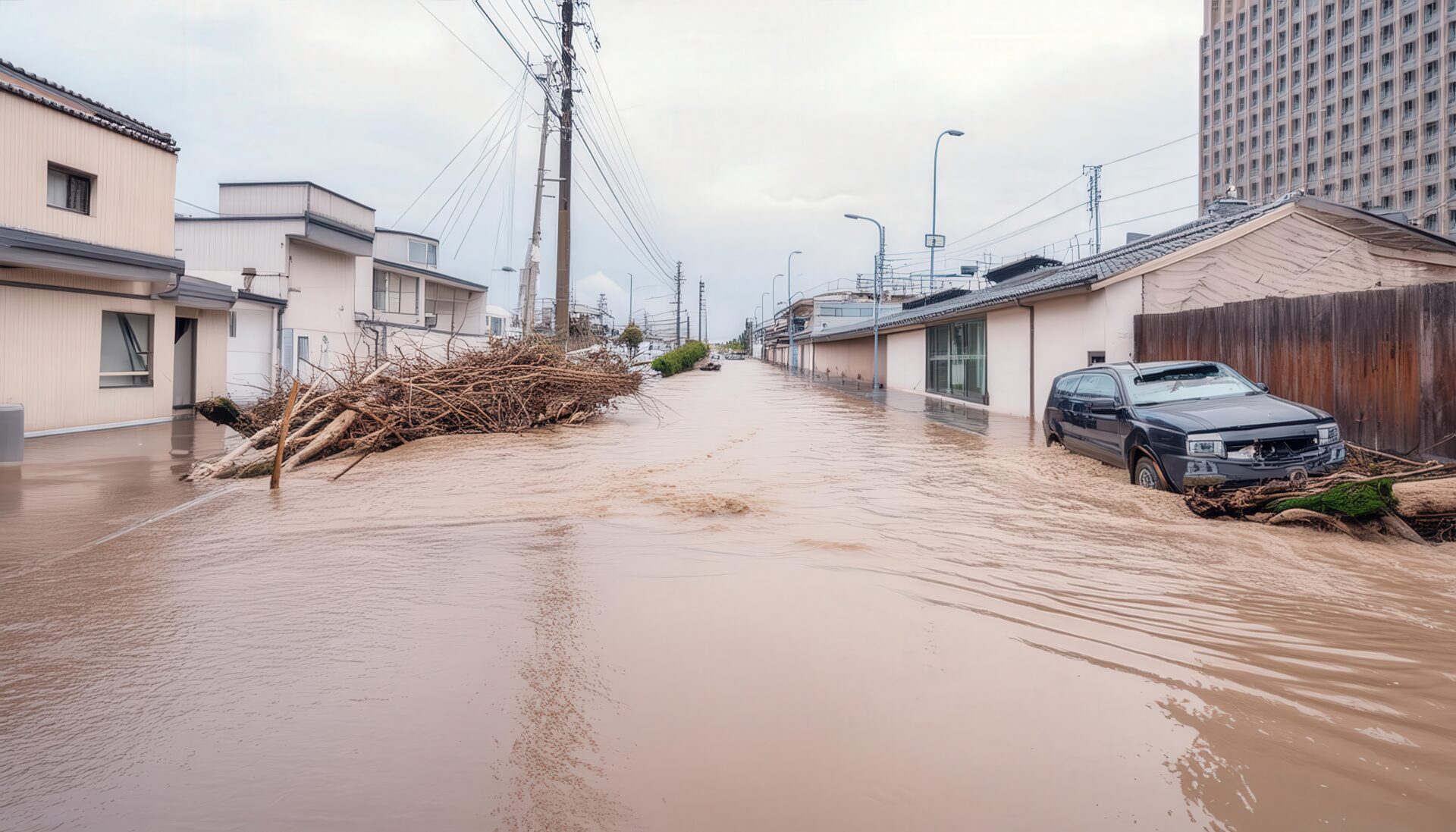 浸水した住宅街と車