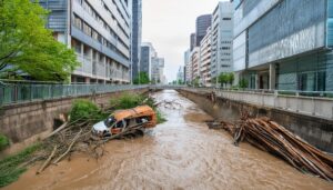 洪水で被害を受けた都市の川