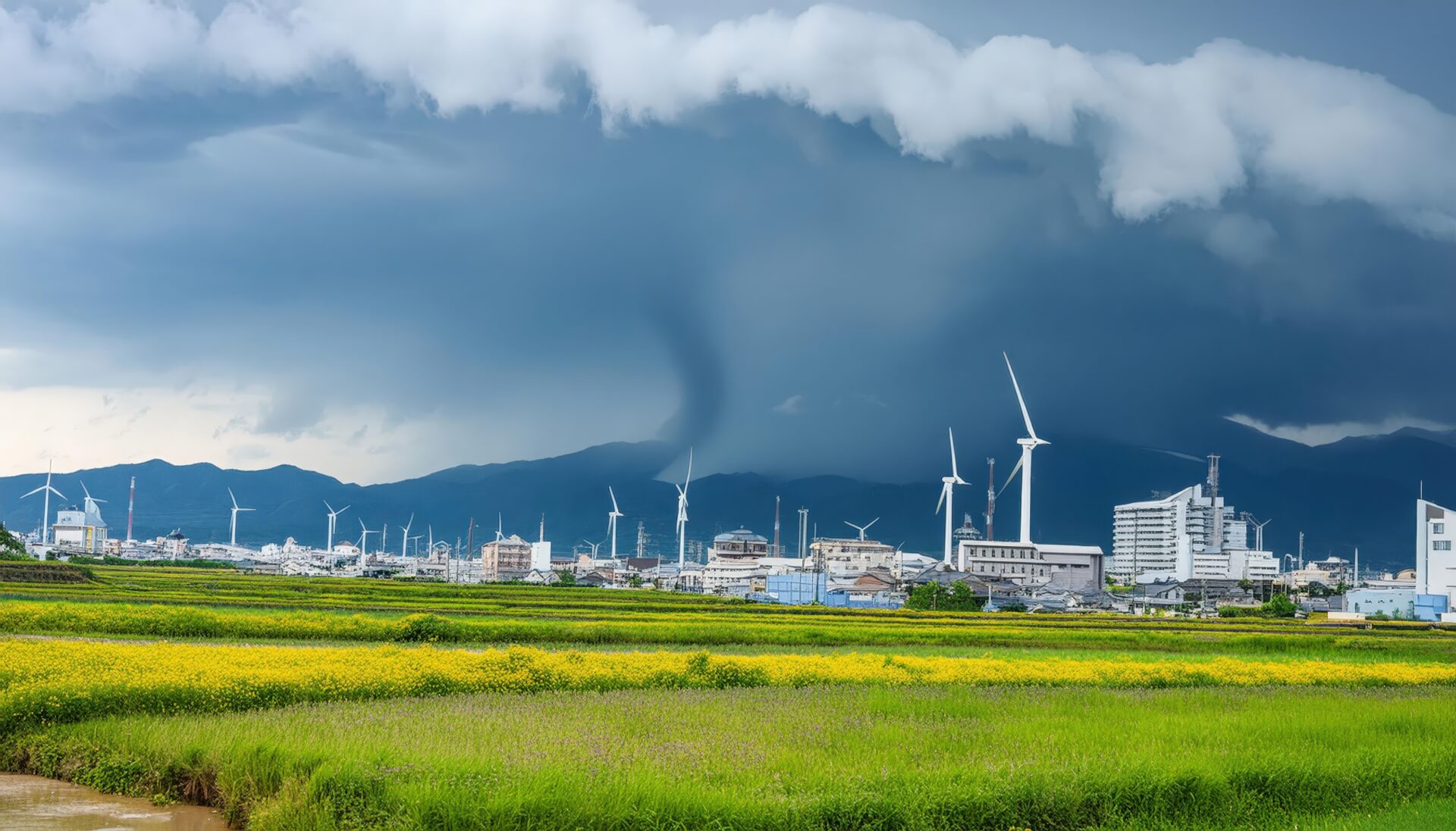 竜巻接近中の都市風景