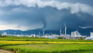 竜巻接近中の都市風景