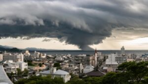 海上の竜巻と都市